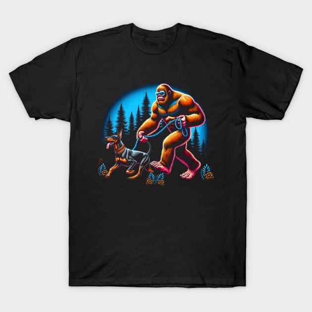 Bigfoot Walking Doberman Pinscher Dog Tee for Lovers of Sleek Dogs T-Shirt by Kevin Jones Art